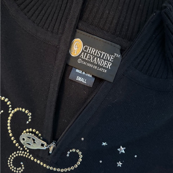 Christine Alexander Sm Black Rhinestone Reindeer Sweater Quarter Zip Mock Neck - Picture 4 of 4